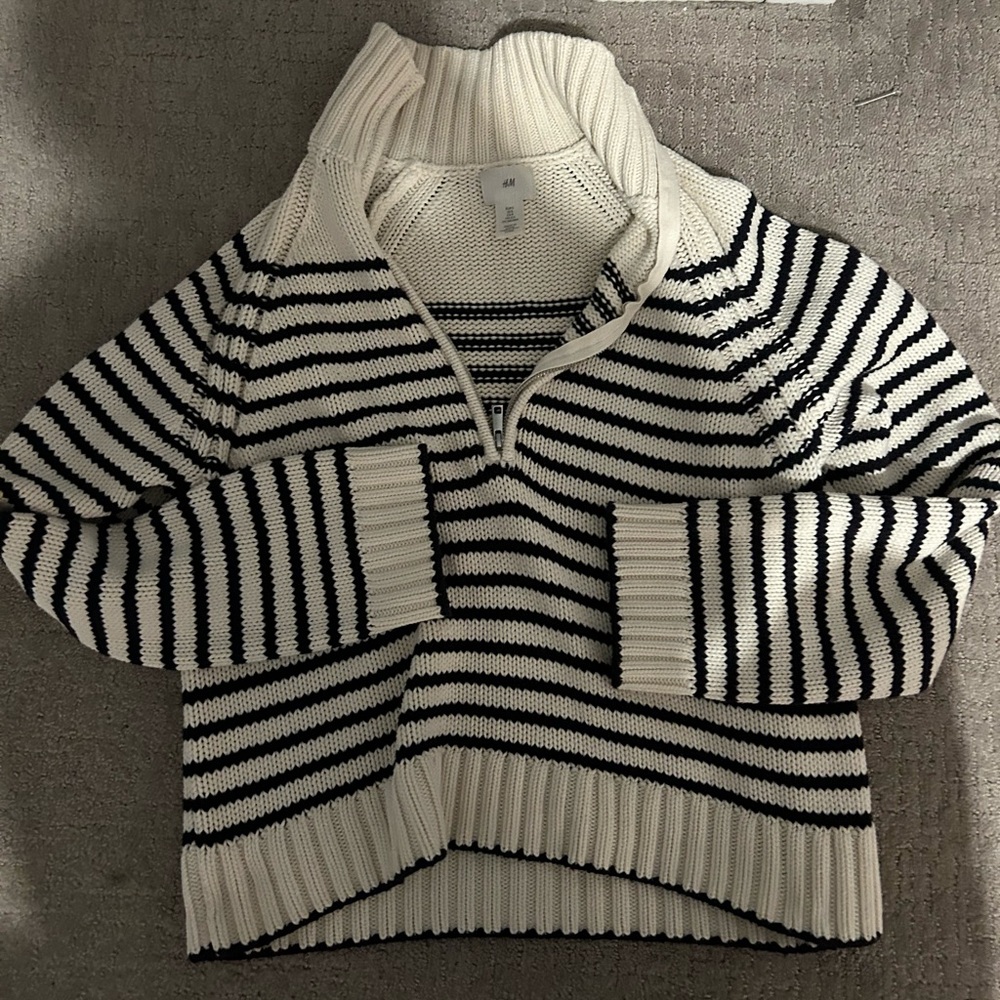 H&M cream and black stripe oversized high neck knit quarter zip
